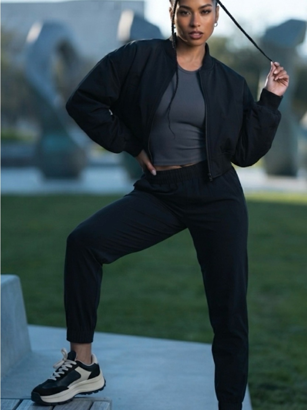 Black Bomber Jacket & Jogger Set with Gray Tank